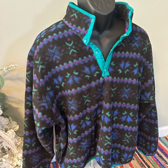 90s LL Bean Fleece Jacket Pullover Neon Snowflake Vintage MADE IN USA Large - Picture 2 of 6